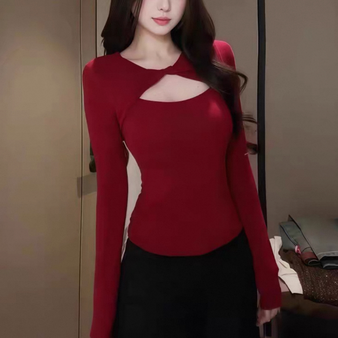 大码女装3396 设计感性感镂空扭结长袖修身打底衫新款上衣女