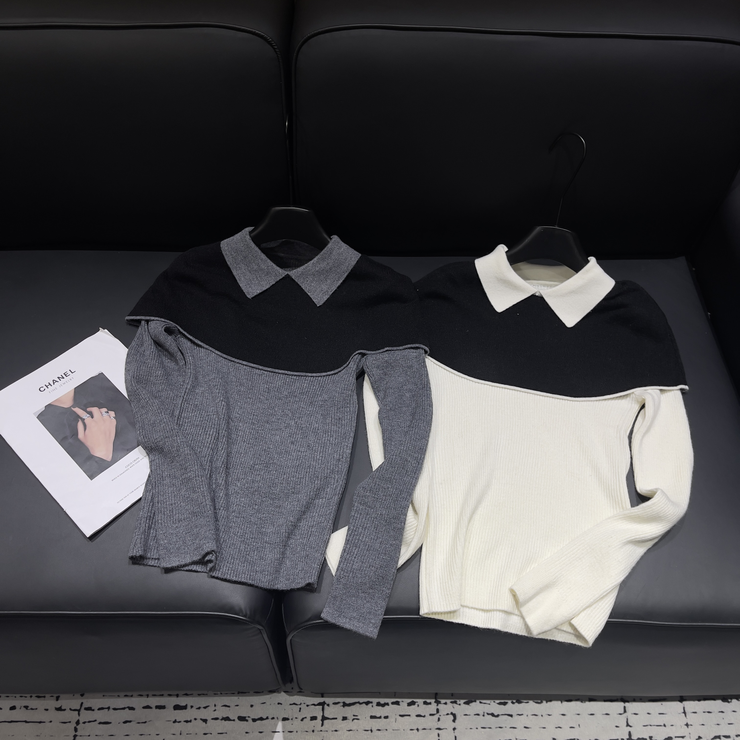 KW【奢感撞色】南油新款撞色披肩翻领长袖气质显瘦针织衫假两件毛衣