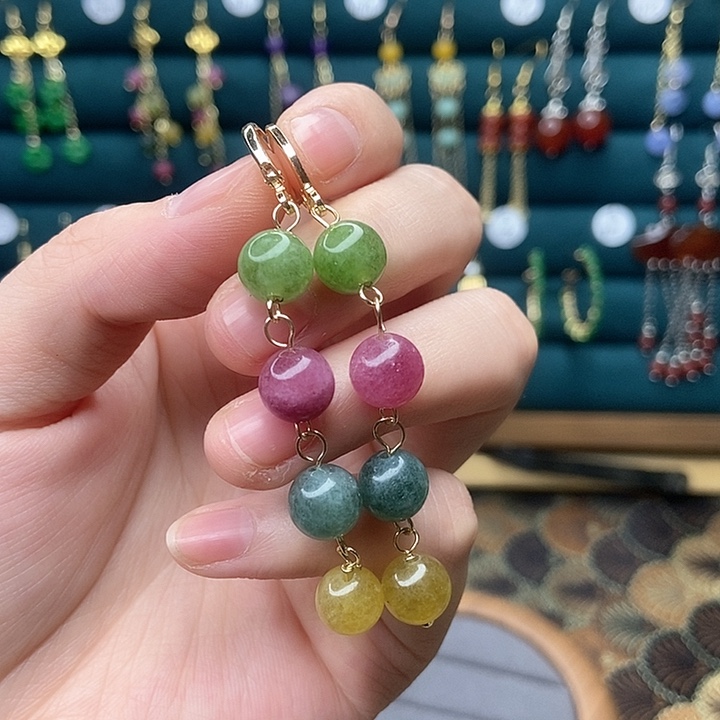 石英质玉耳钉银S925镶嵌