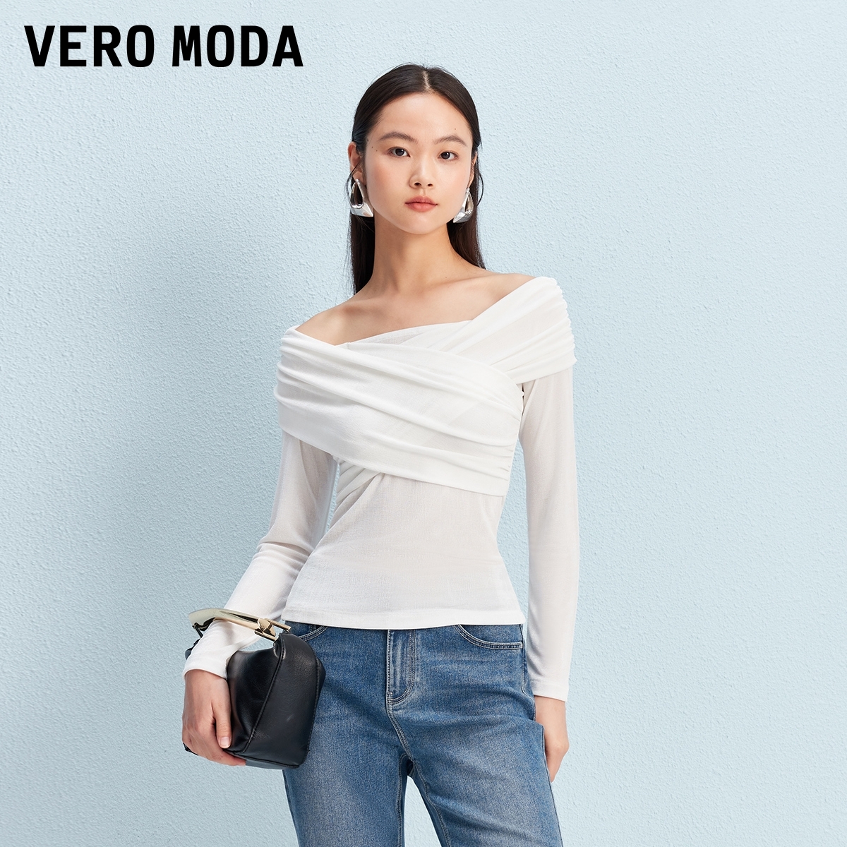 Vero ModaT恤2025秋季新款一字领交叉网纱拼接修身上衣松弛感百搭