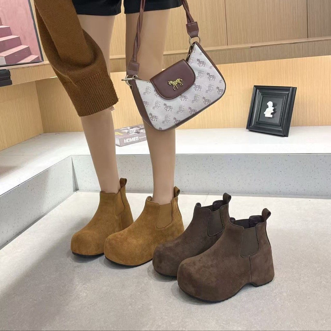 厚底小短靴女秋季新款勃肯鞋小个子高跟短靴98-8608(不加绒)