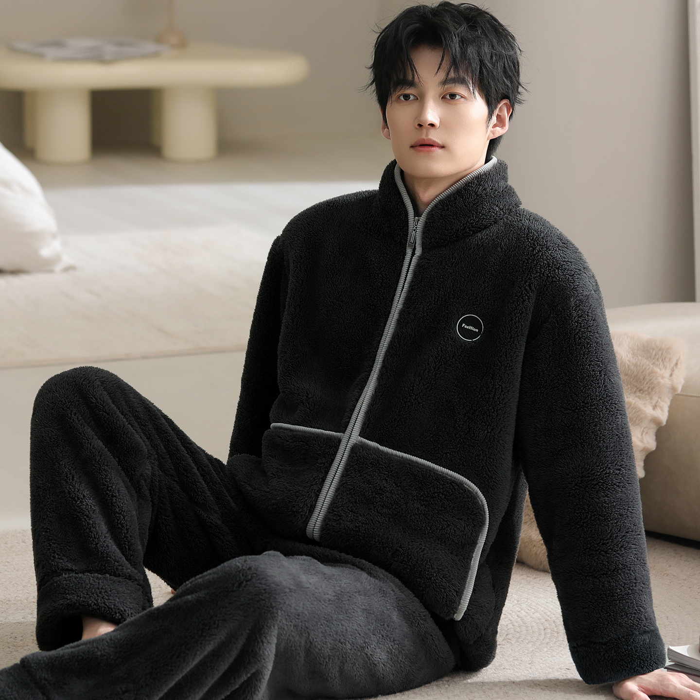 新款加绒加厚保暖睡衣冬季拉链男士双面珊瑚大码家居服可外穿套装