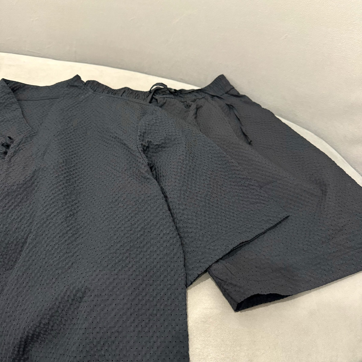 夏季小众新中式镂空透气短袖体恤套装男士潮牌INS极简短裤两件套