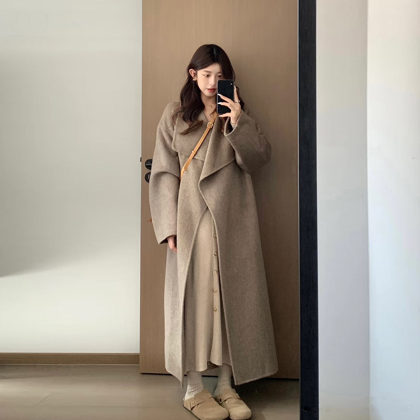 高级感双面毛呢大衣2025秋冬宽松显瘦慵懒风中长款大翻领毛呢外套