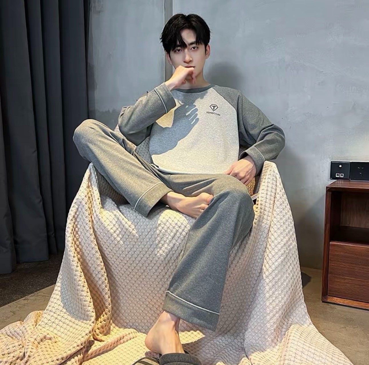 100%纯棉睡衣男士春秋季长袖长裤新款大码青少年可外穿家居服套装