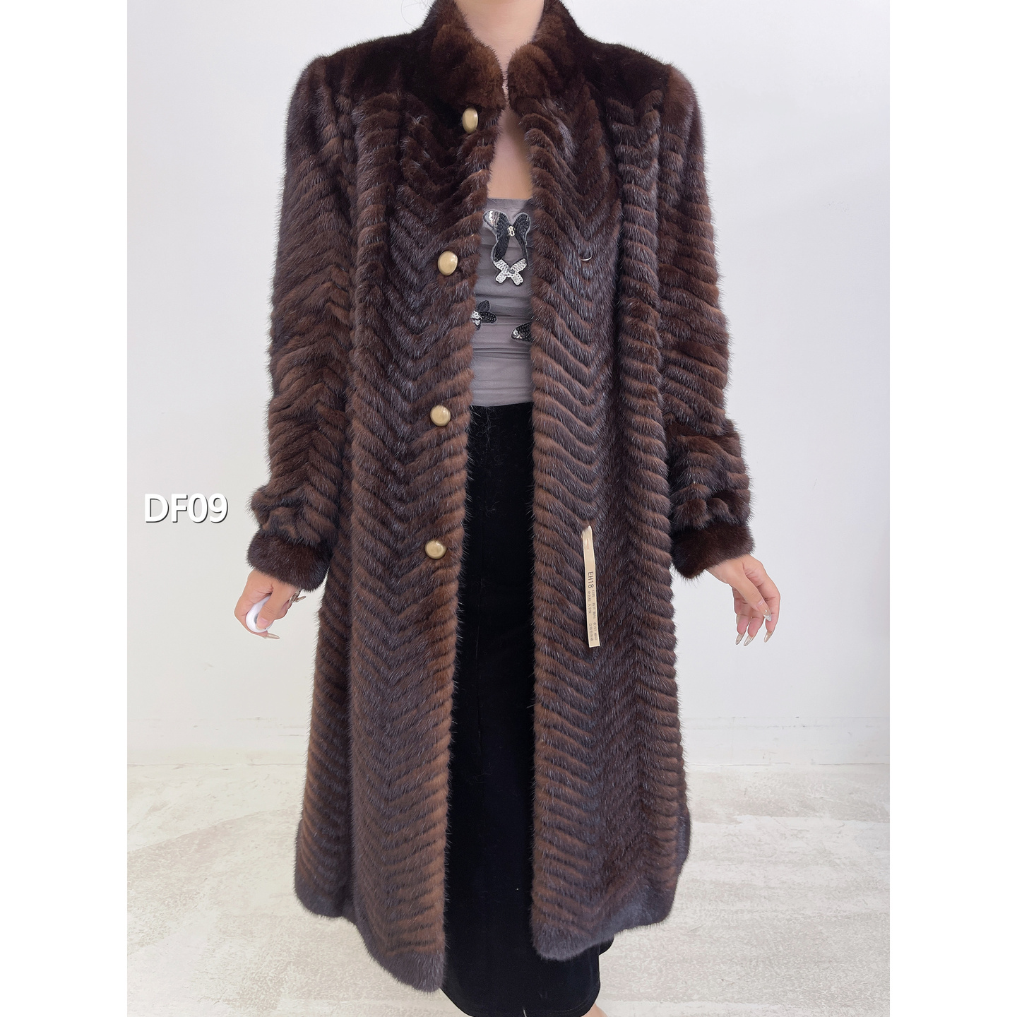 【DF09】XS 中古棕超长款人字纹貂皮（肩39胸96衣107袖60）52009