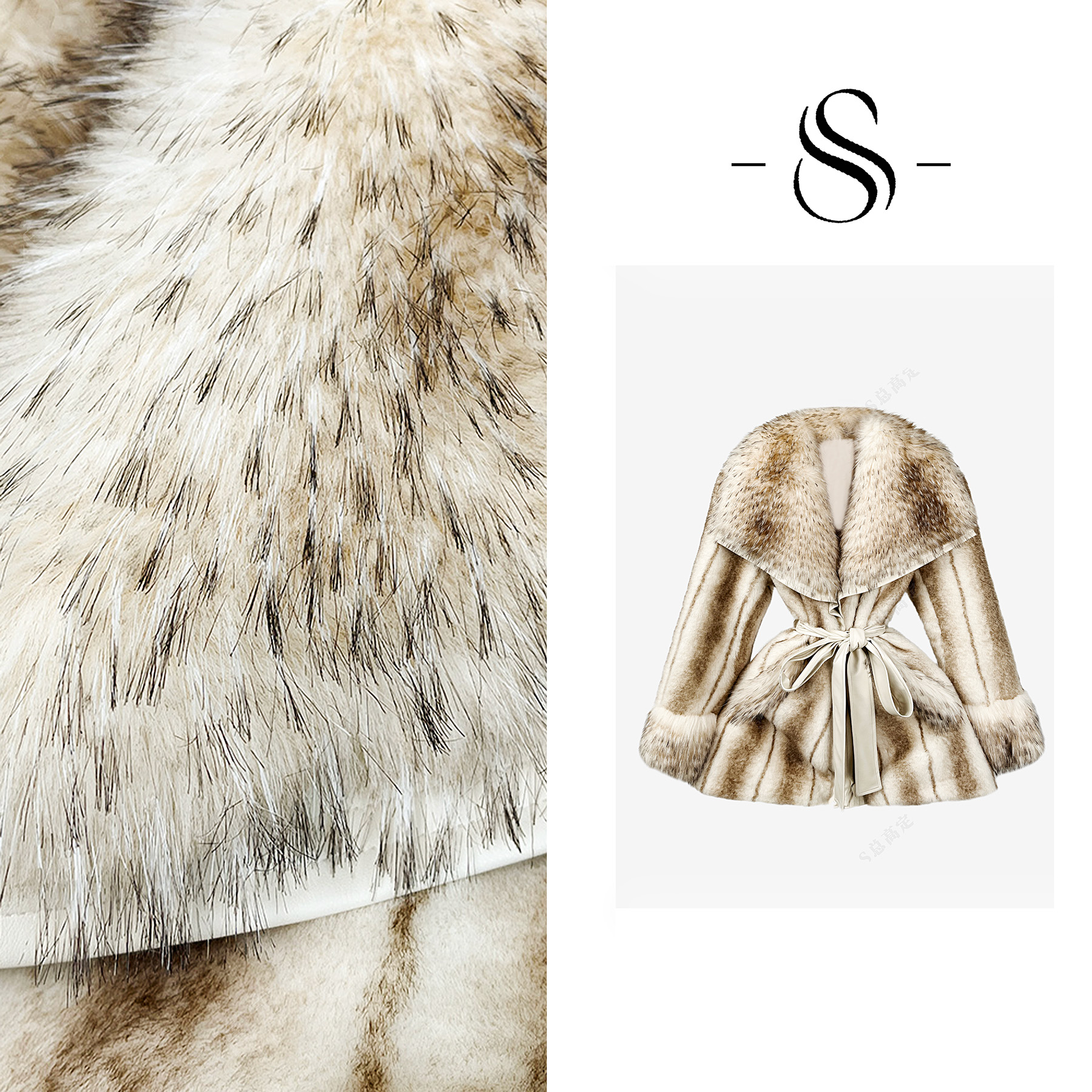 【专柜飞】冬季新款高级翻毛领挑染喇叭袖设计束腰显瘦外套D0146