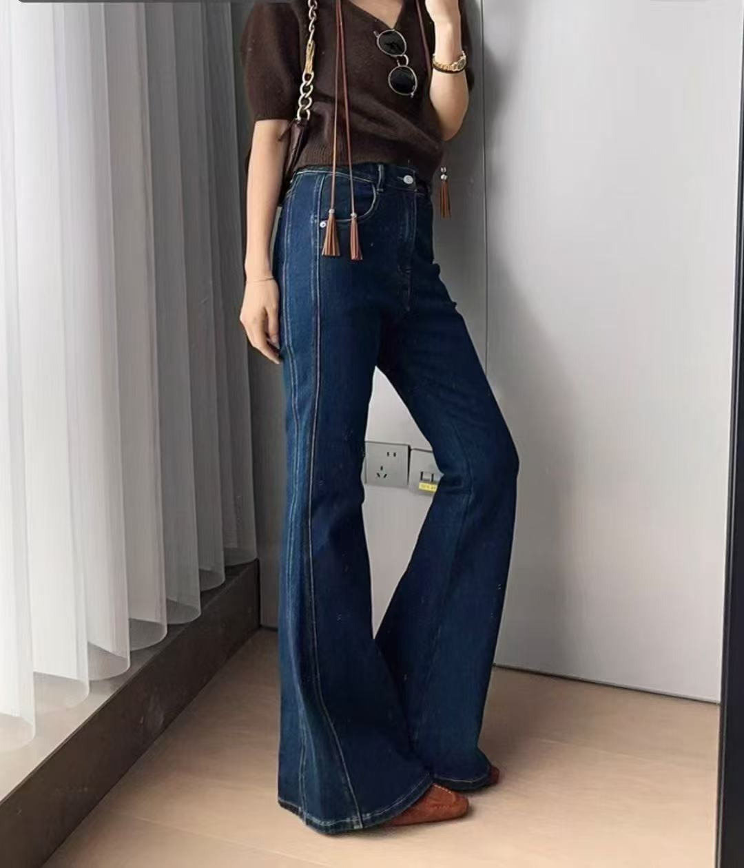 韩版复加绒微喇牛仔裤女秋冬显高显瘦高腰气质长裤复古8828