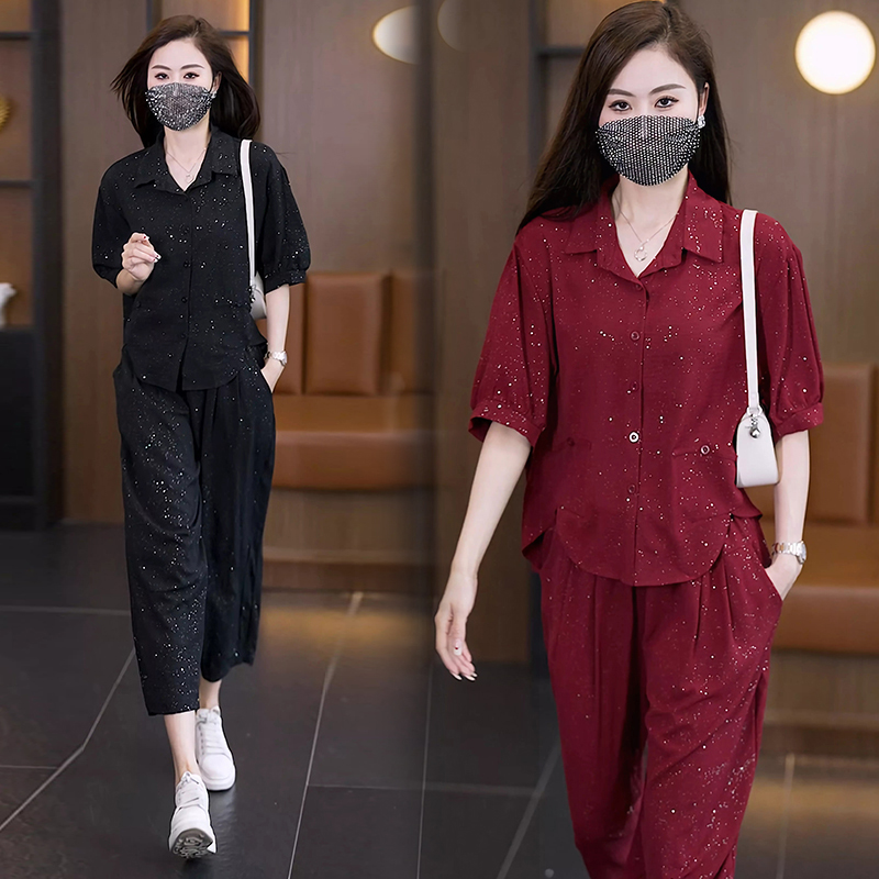 2025年夏季新款洋气套装胖MM时尚洋气细闪衬衫宽松显瘦减龄两件套