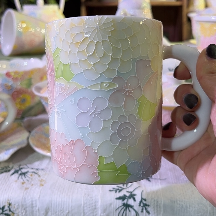 卷***柏预定马克杯 盖碗花卉 内部紫色花