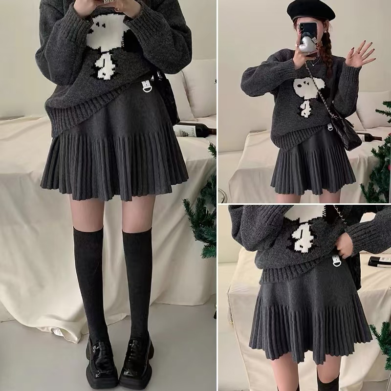 OYRS秋冬百搭洋气小个子大码女装百搭高腰A字裙针织百褶裙女