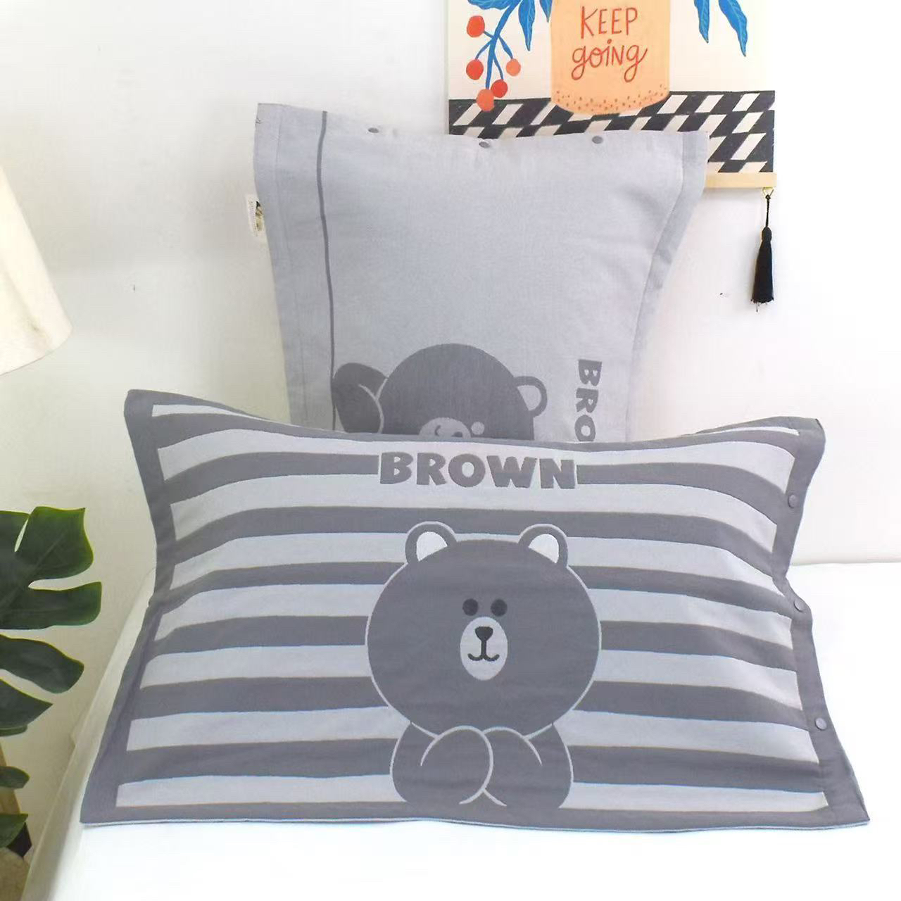 布朗熊枕套精梳棉纱布枕套一对装