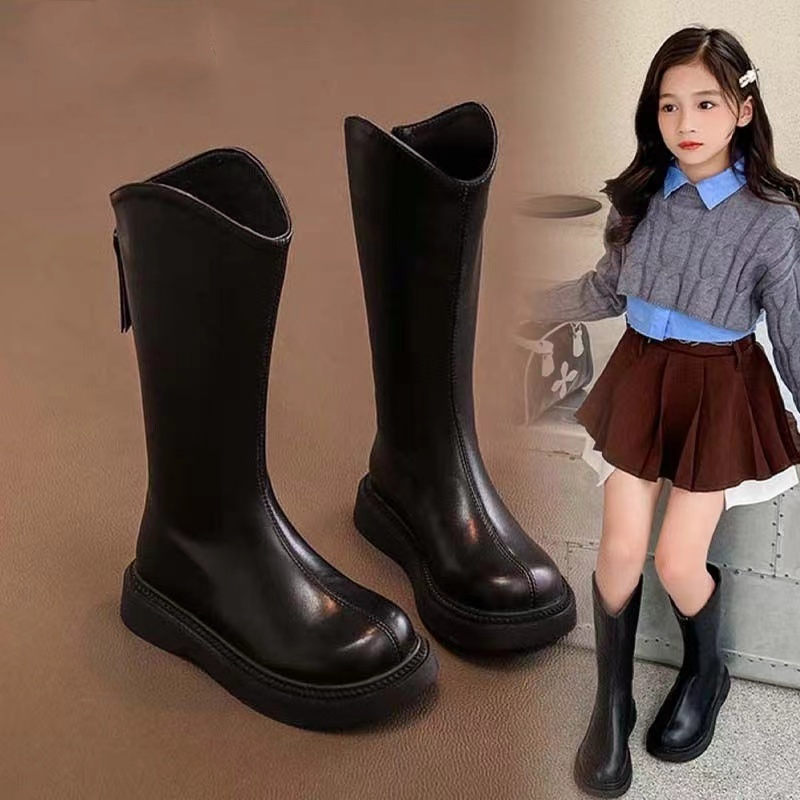 女童鞋子儿童长筒长靴子2025新款秋冬季加绒宝宝公主高筒马丁皮靴