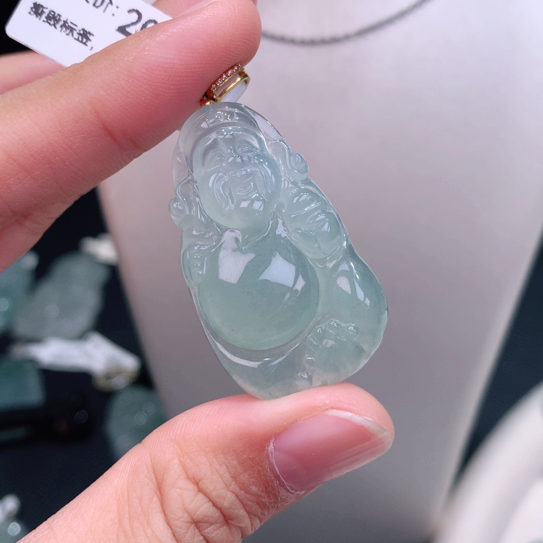 颈饰18K金镶嵌翡翠冰晴绿财爷
