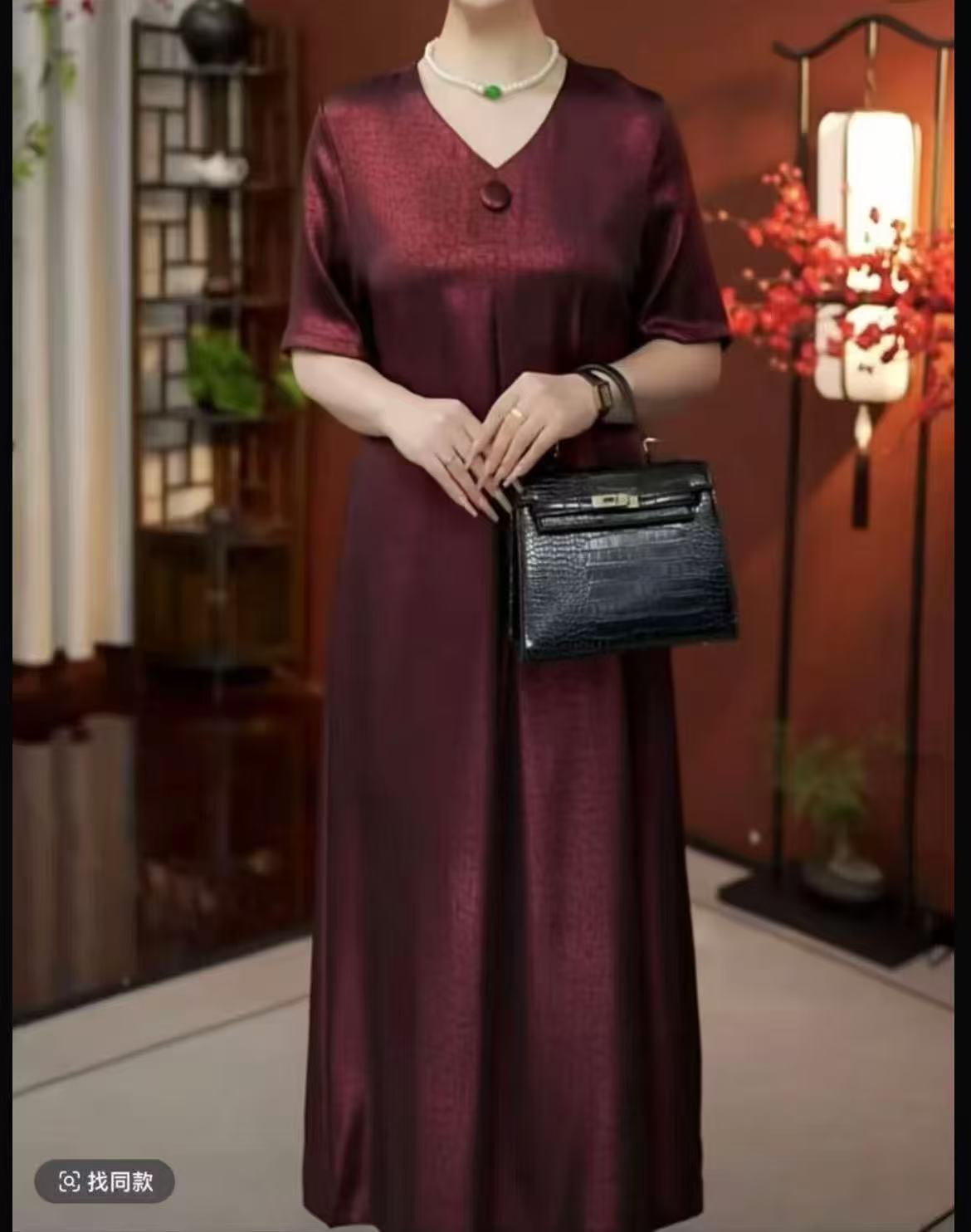 【高定酒红色龟裂纹】2025气质显瘦中长款显瘦百搭连衣裙