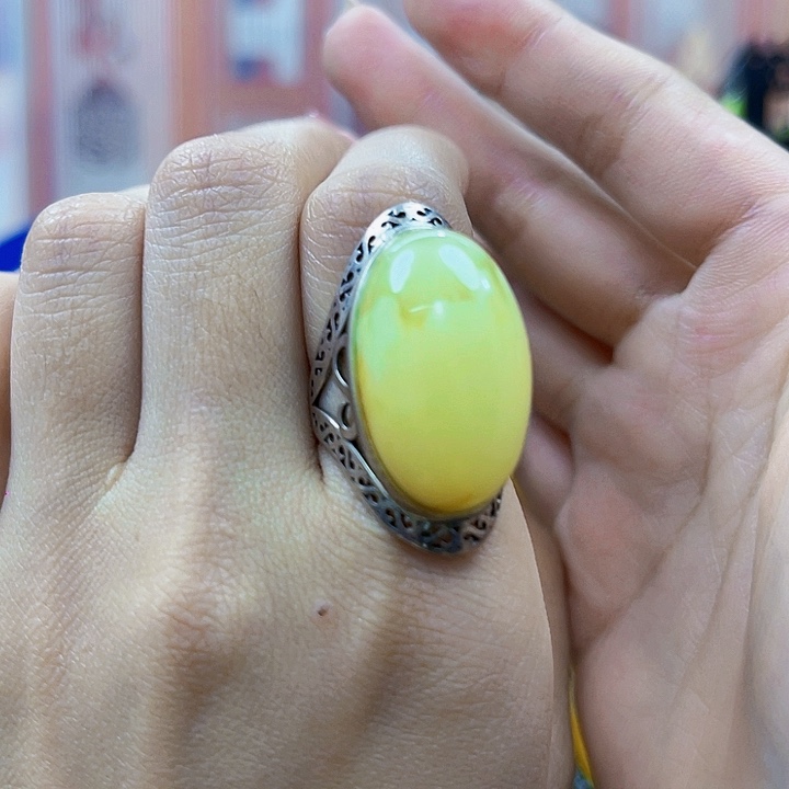 蜜蜡银S925镶嵌裸石戒指