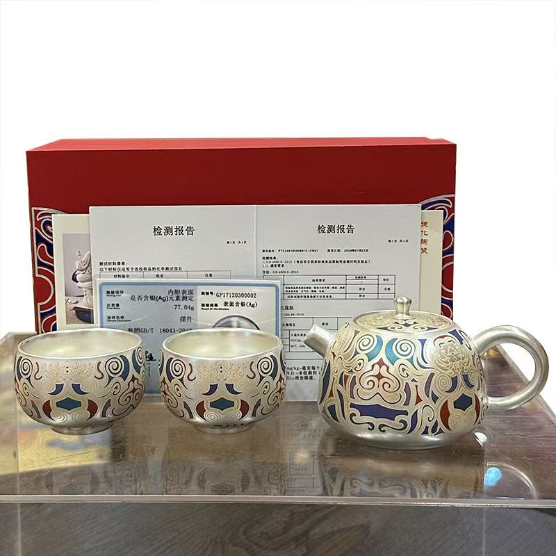唐卡饕餮敦煌鎏银壶家用西施壶创意中国风功夫茶具茶杯套装F704