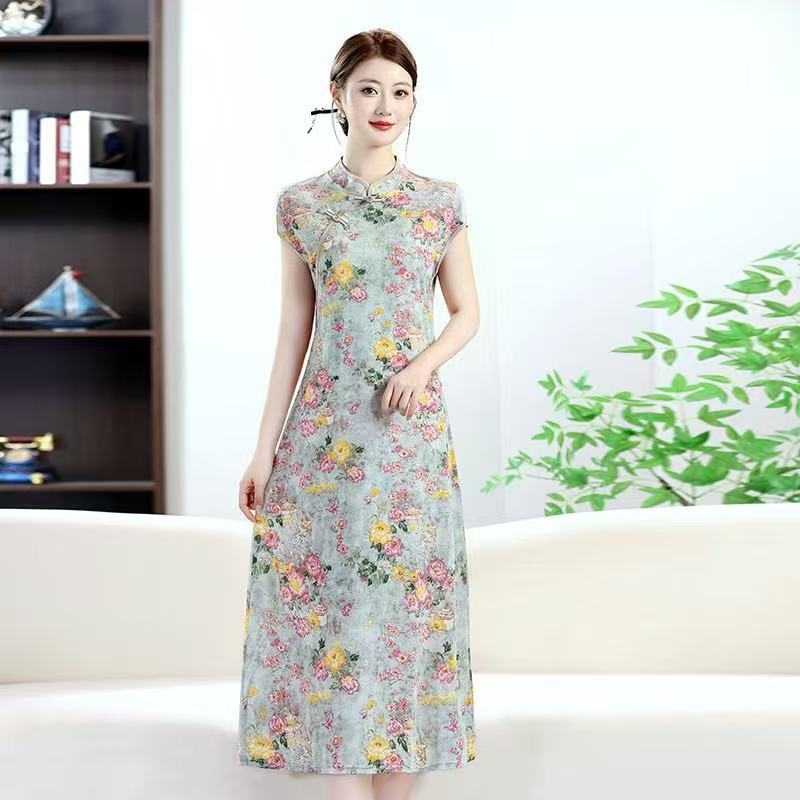 10084-夏季新款旗袍国风连衣裙短袖气质减龄显瘦碎花裙子【锦】
