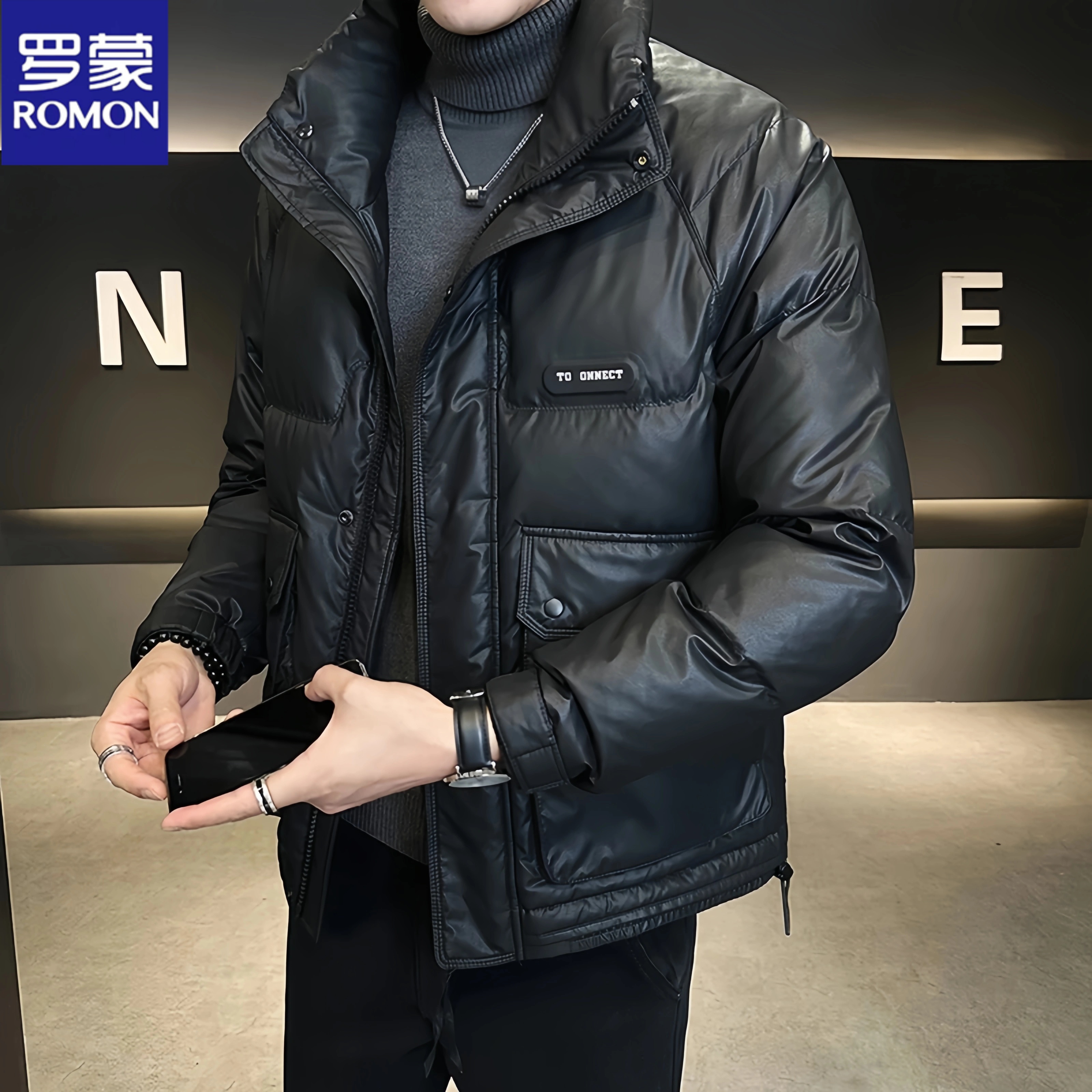 Romon/罗蒙冬季新款男士羽绒服休闲时尚百搭保暖加厚立领短款外套