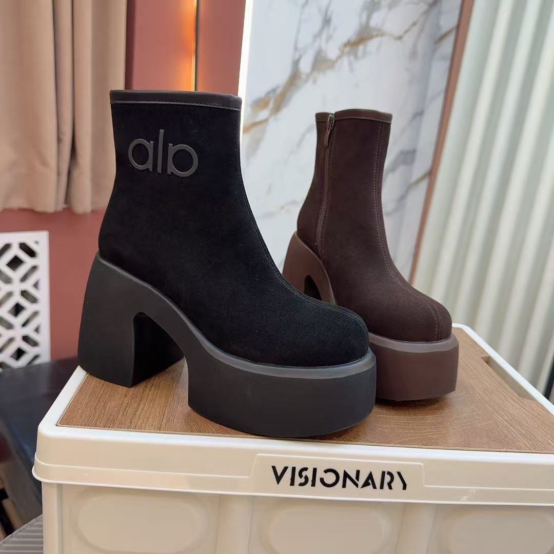 气质优雅女新款粗跟厚底短靴翻毛皮防水台真皮高跟马丁靴2596-10