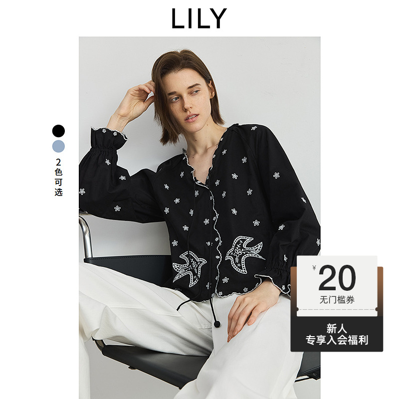 【流光风】LILY2025秋新款棉麻波嬉风绣花V领长袖衬衫女125339C4952