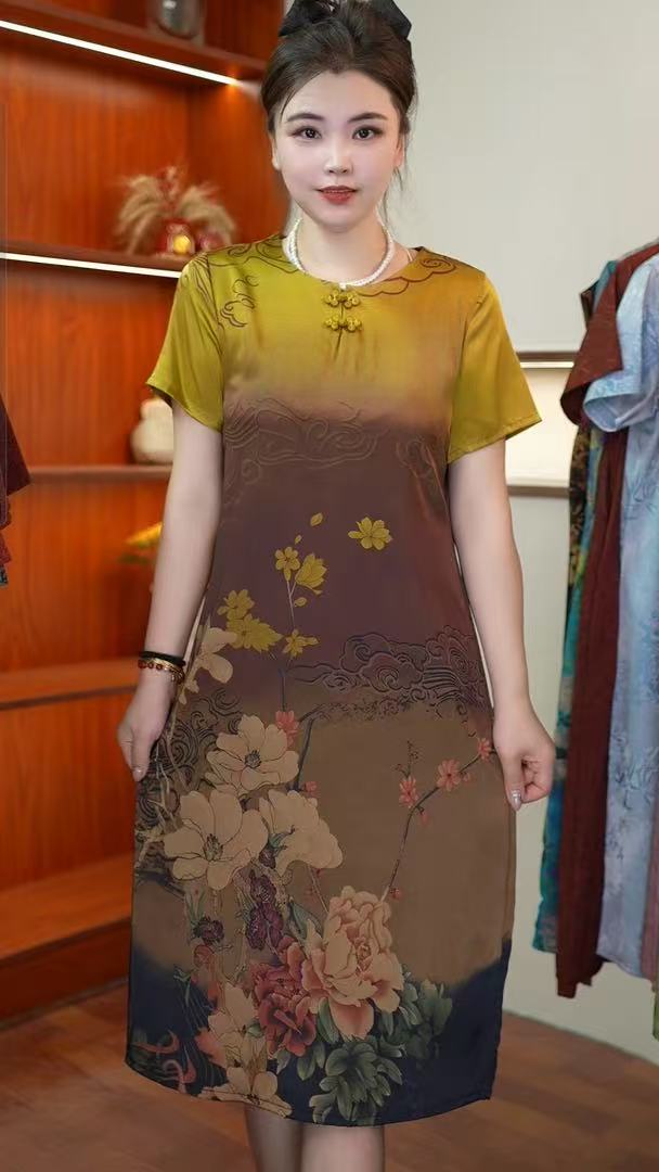 【渐变牡丹花】202夏季新款时尚气质显瘦百搭中长款连衣裙