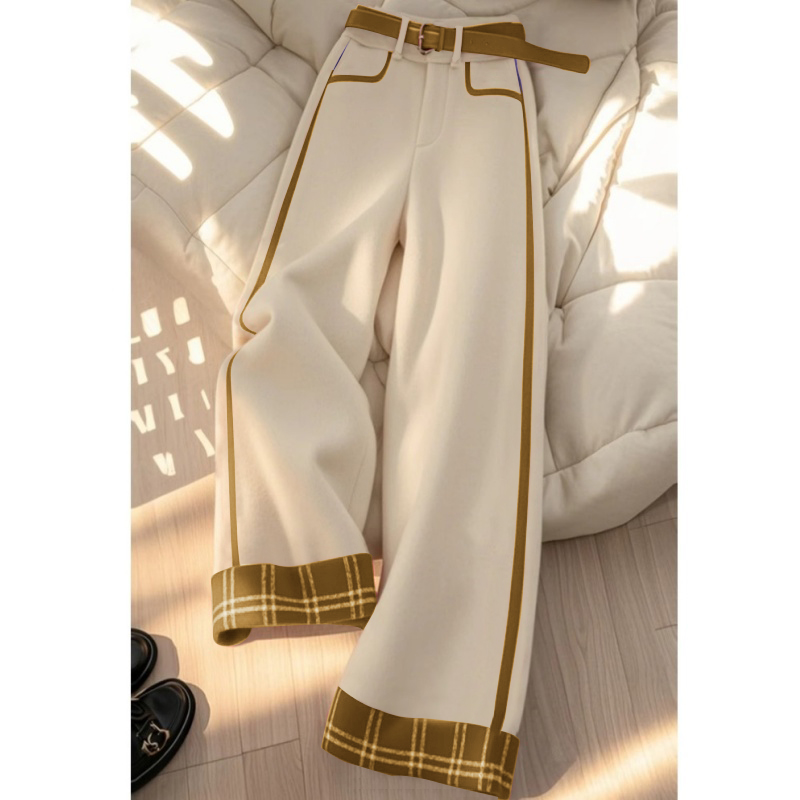 2024年冬季新款小个子高级感独特别致高腰白拼黄格纹直筒阔腿裤女