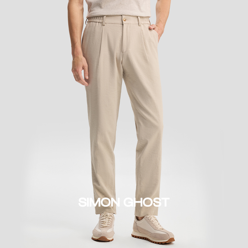 意大利男士休闲裤新款春夏亚麻休闲长裤卡其色商务直筒裤子