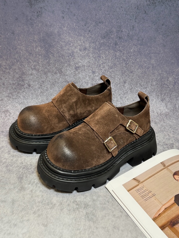 【新款蒂克】欧洲站女春季新款皮圆头皮带扣粗跟厚底小皮鞋乐福鞋潮