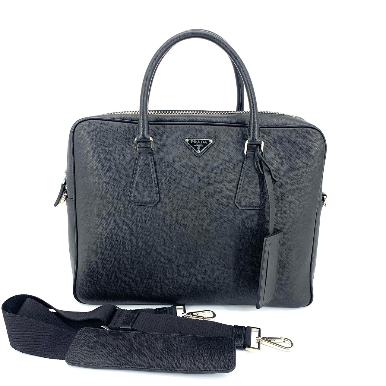 99新 Prada/普拉达 经典商务休闲时尚黑色全皮公文包   尺寸36/27