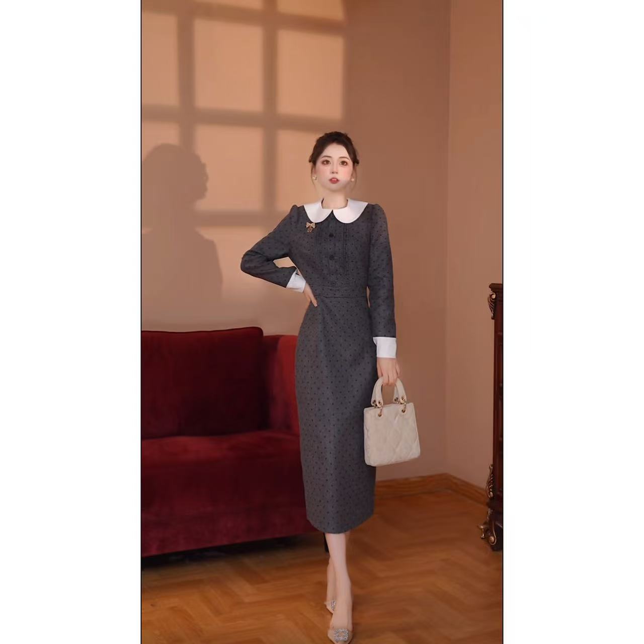 【瑞瑞定制】【含胸针 有里布】波点蝴蝶结连衣裙秋冬收腰裙子D4410