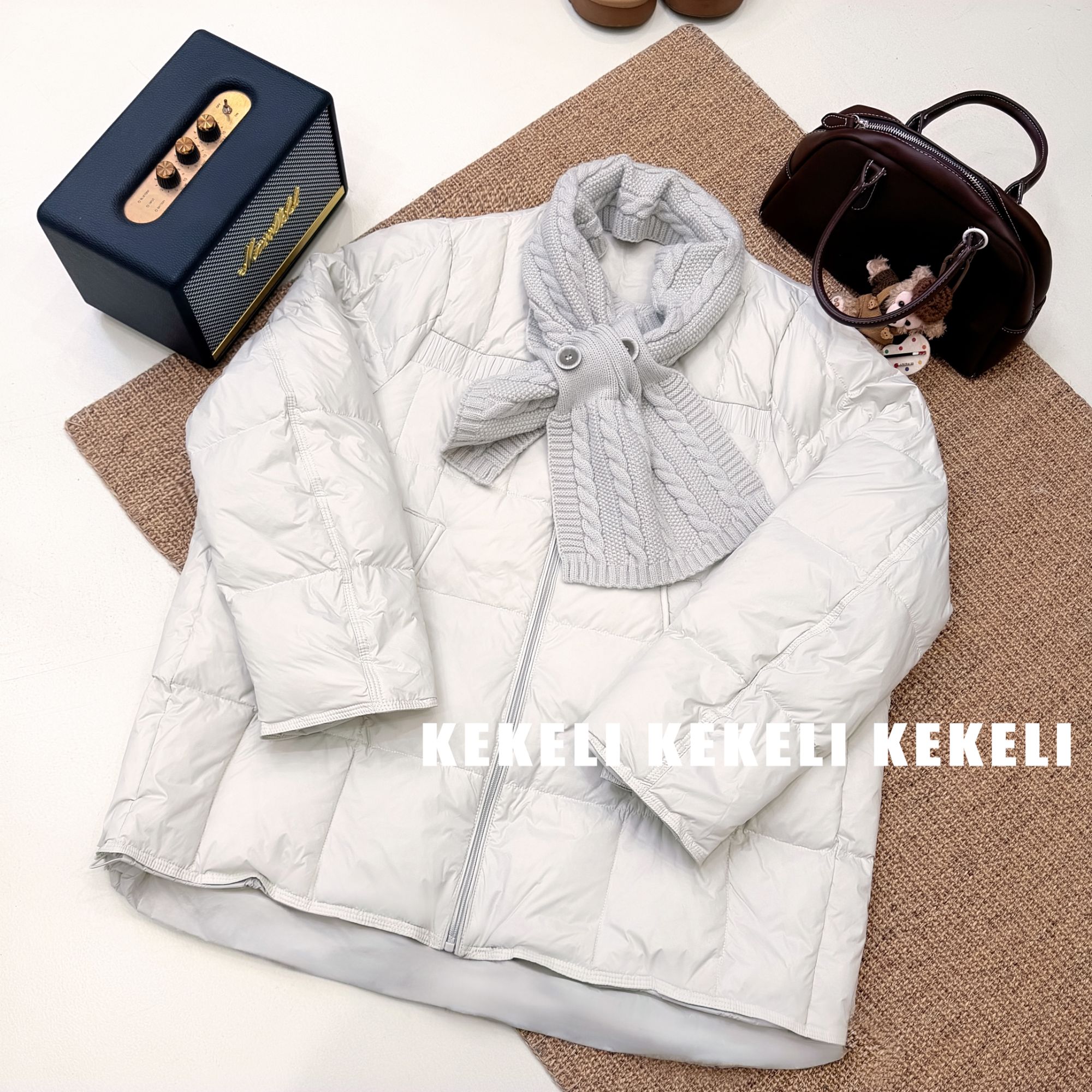 90白鸭绒围巾款羽绒服韩系简约风圆领中长款宽松羽绒服外套