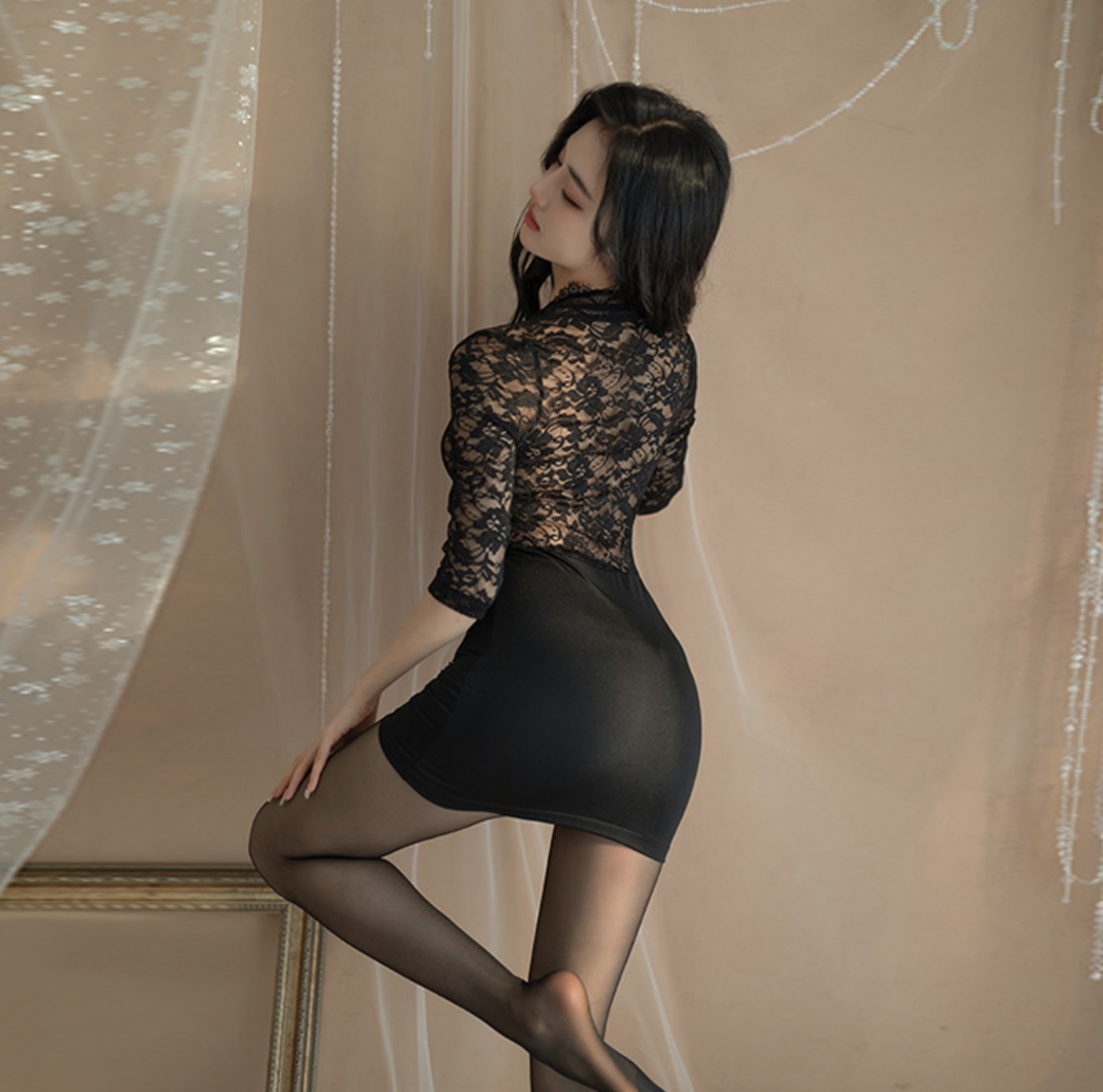 网红性感辣妹可爱蕾丝黑丝短款迷人纯欲睡衣斩男火辣甜美镂空睡裙