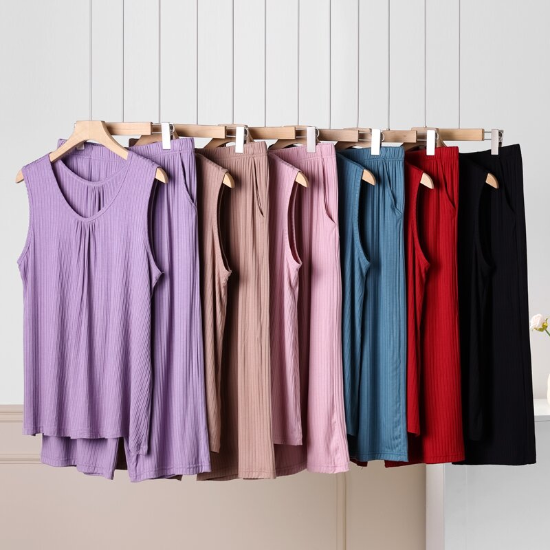 中老年人夏季遮肚背心奶奶套装薄款莫代尔七分裤妈妈宽松大码家居