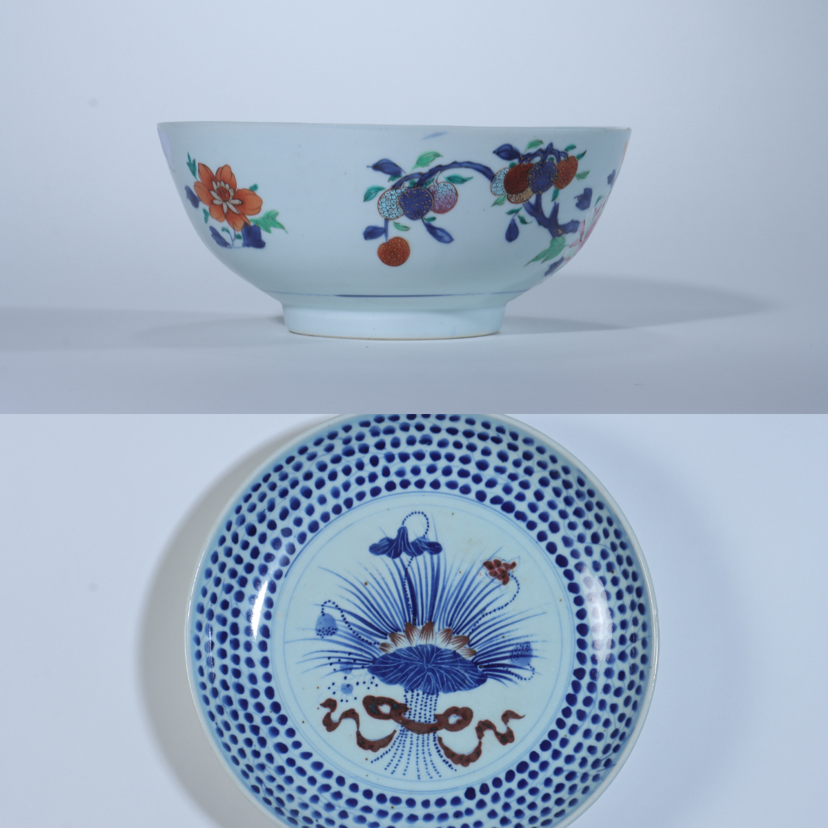 Lot.027 43 清乾隆 青花釉里红盘，粉彩花鸟纹大碗一组