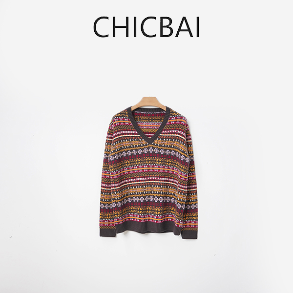 CHICBAI 费尔岛羊毛提花V领套衫A784