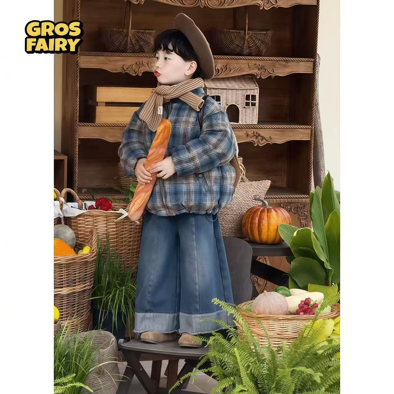 grosfairy男童冬季新款格子洋气棉服短款2025韩版男女宝中小童潮