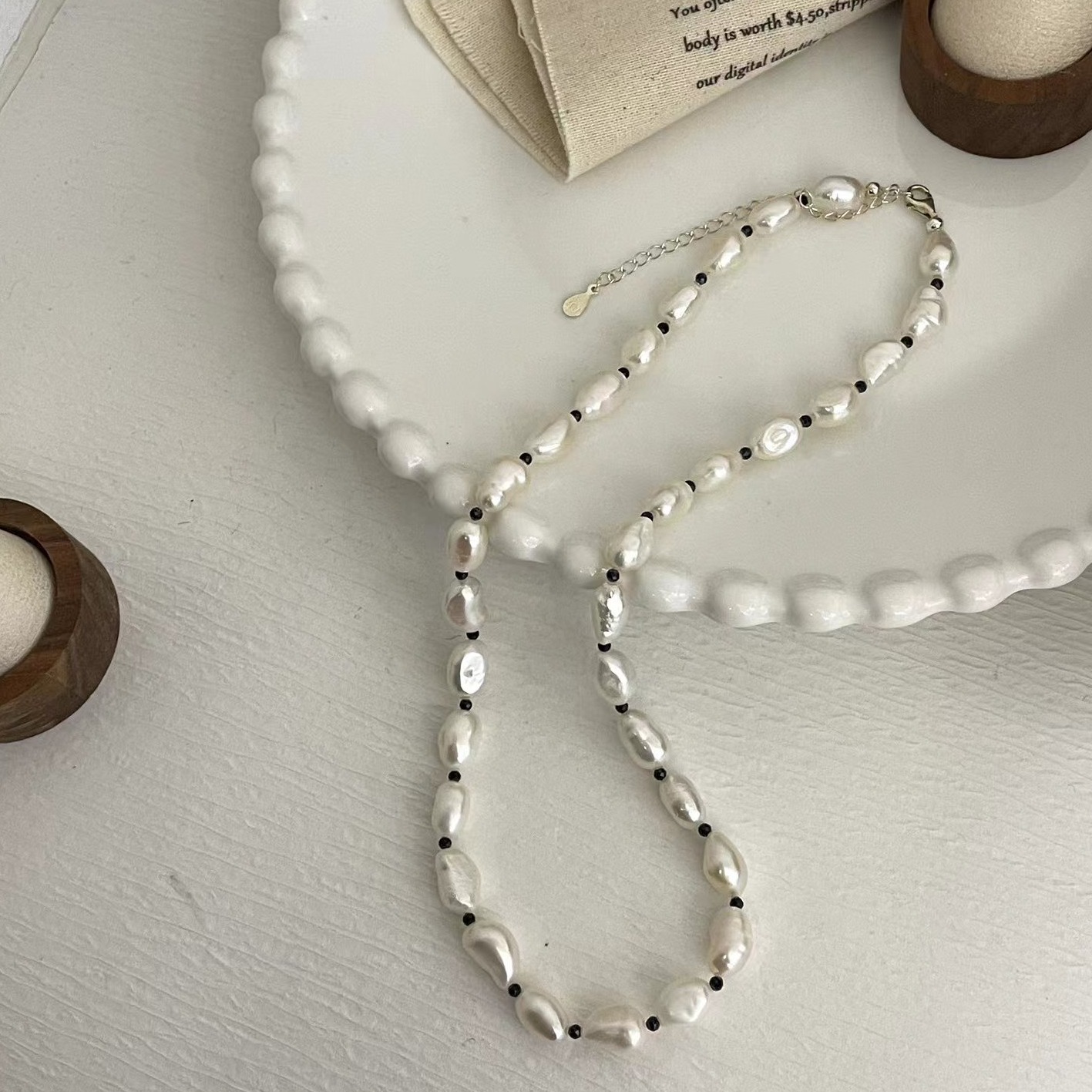 链子925银仿珍珠 大甜甜巴洛克风黑色尖石晶是淡水珍珠项链