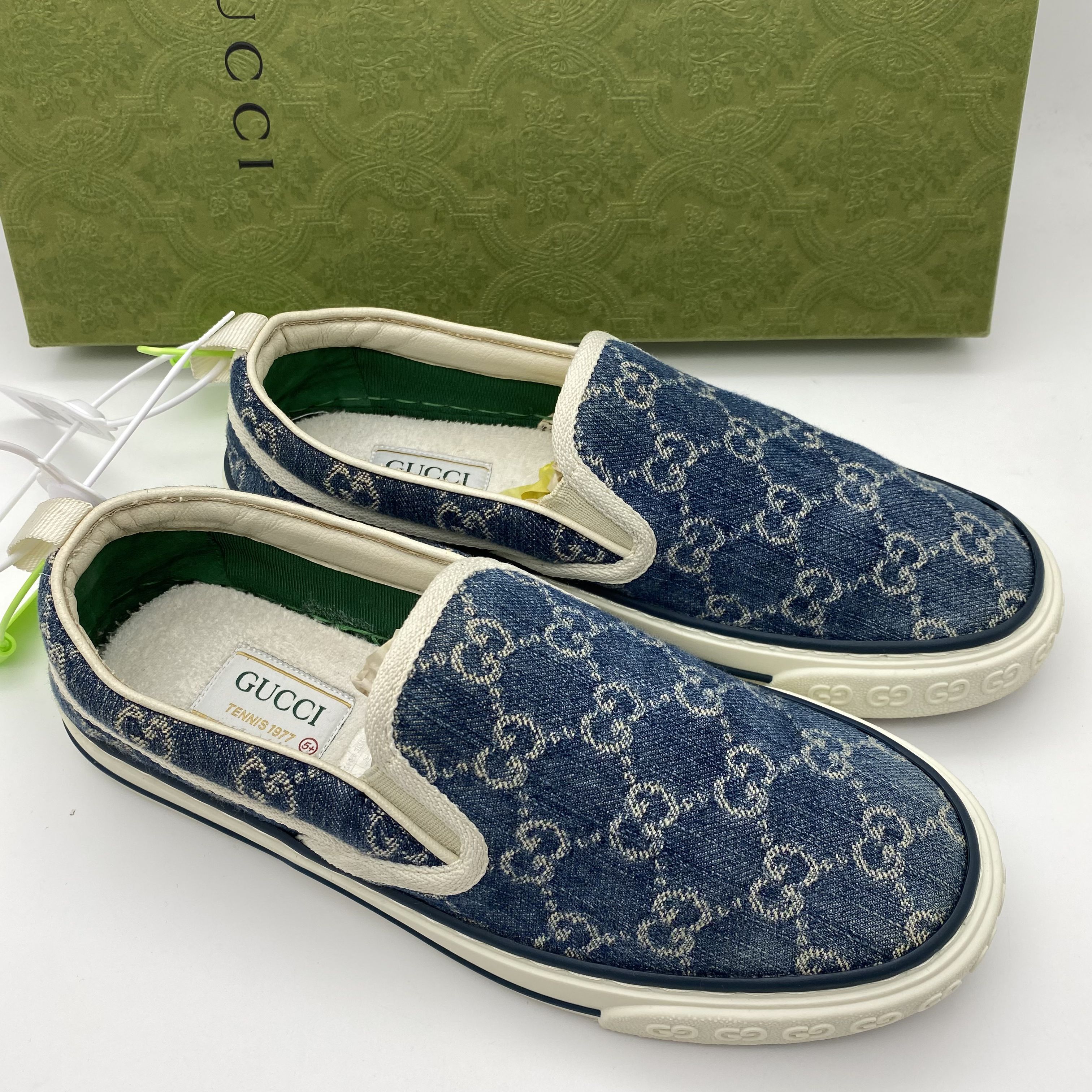95新 GUCCI/古驰 39.5码/蓝色帆布双G老花一脚蹬