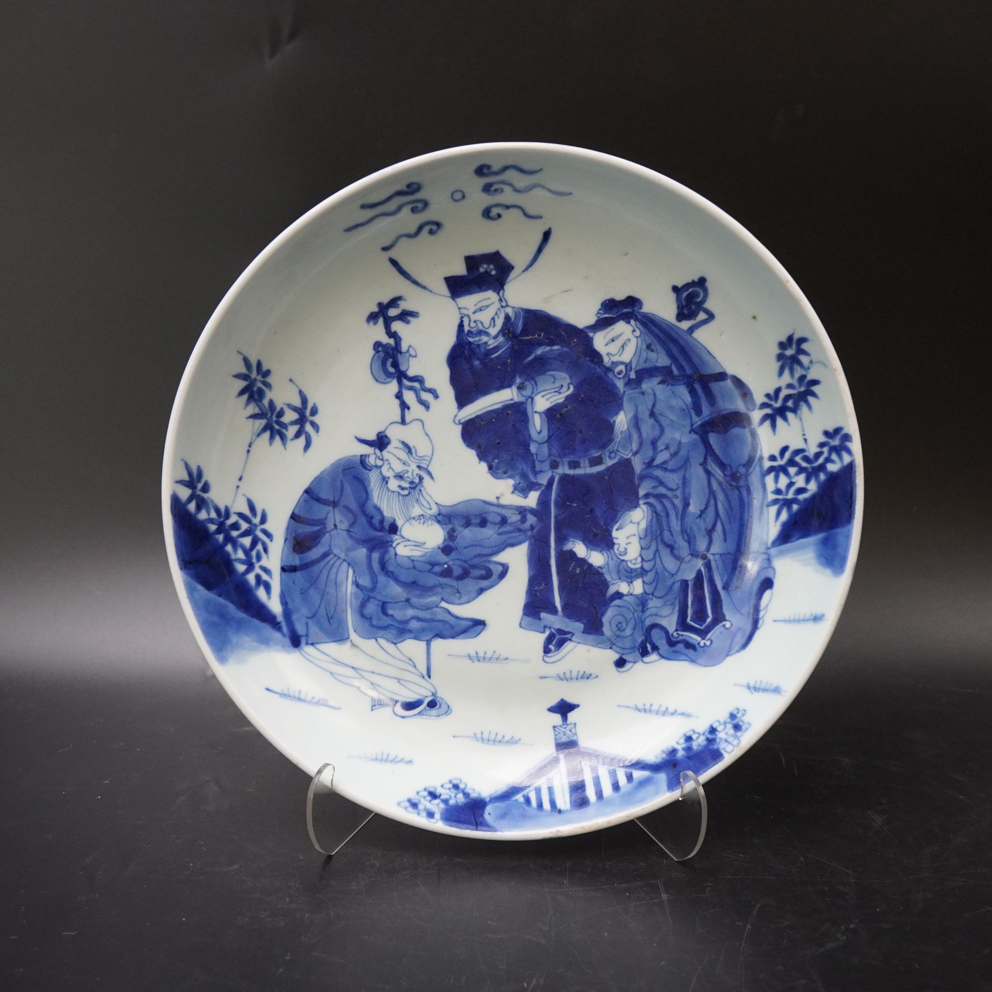 Lot.25082038清雍正福禄寿喜人物青花盘 直径：约27.8cm