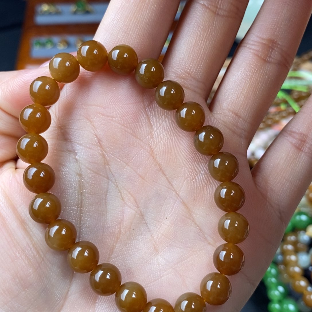 和田玉且末金山糖圆珠手串未镶嵌