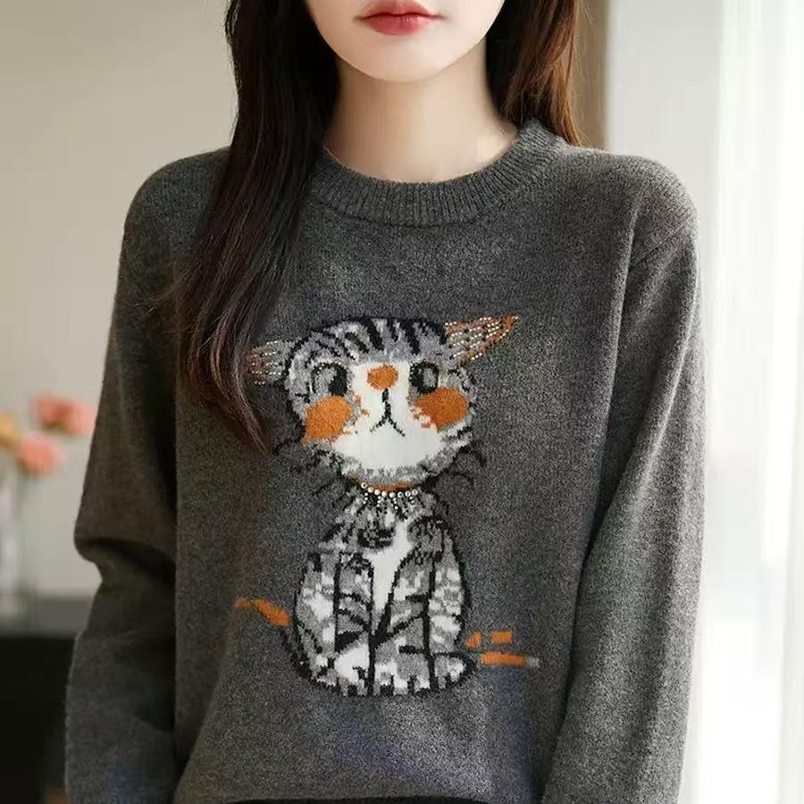 嘉莉丹:呆萌虎女士圆领宽松显瘦遮肉针织衫