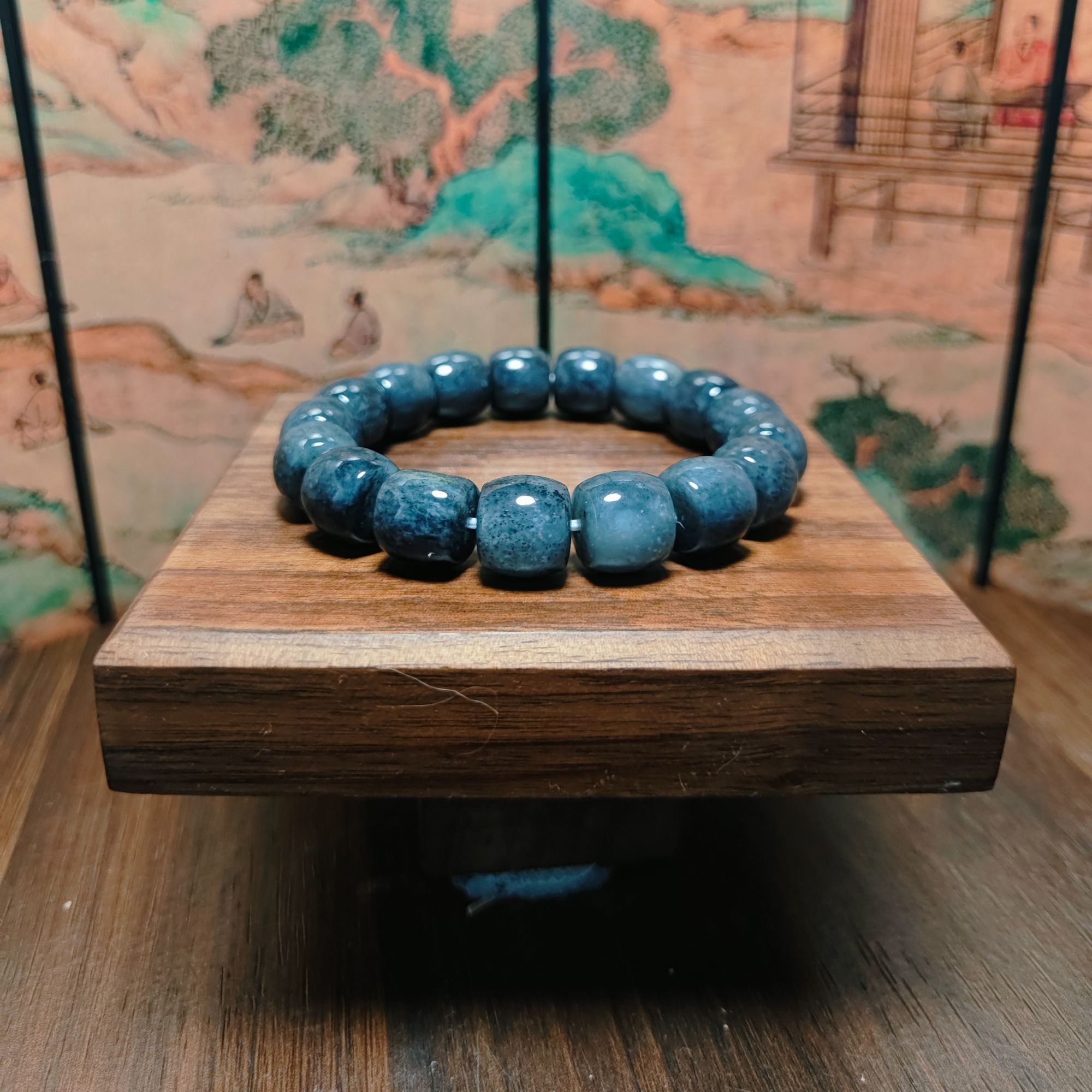 J和田玉点墨青花桶珠手串（卡12）0623