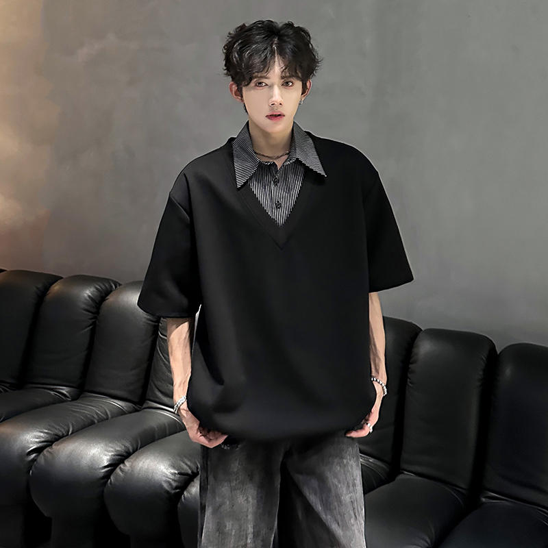 假两件拼接polo衫短袖男款夏季潮流垂感衬衫领t恤宽松休闲五分袖