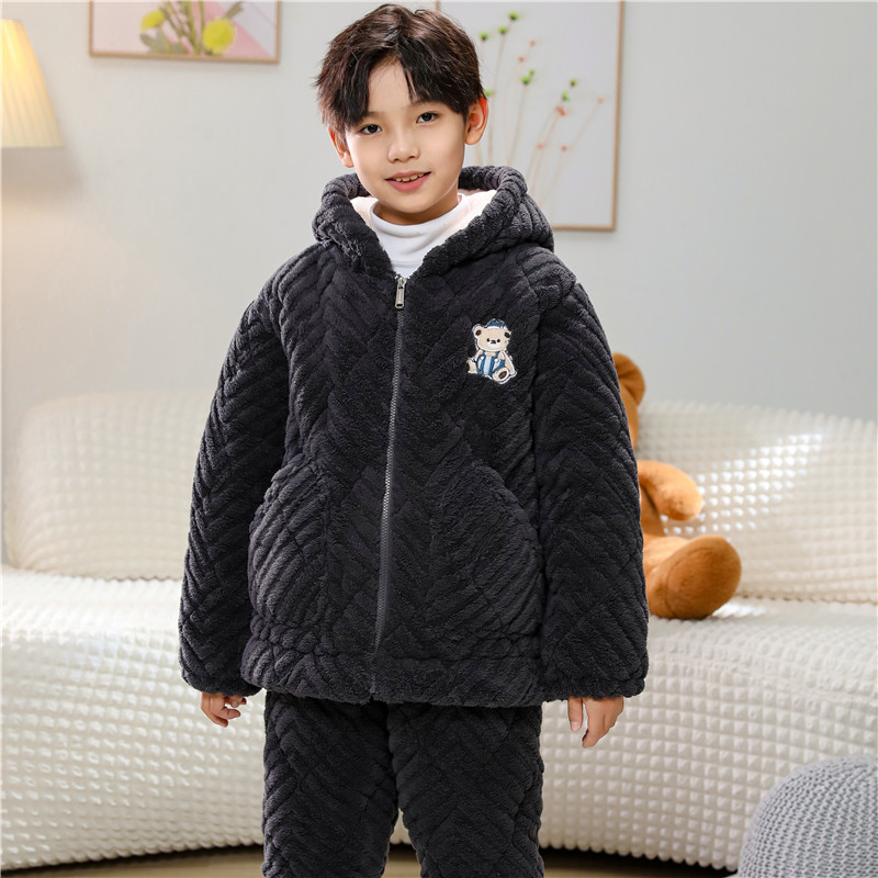 冬季儿童加厚加绒睡衣男童三层夹棉保暖套装女孩中大童拉链家居服