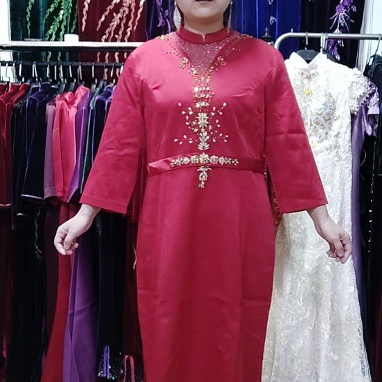 亮酒红醋酸麻单层厚实领子微透手工穿珠中长后开叉旗袍胸108腰94