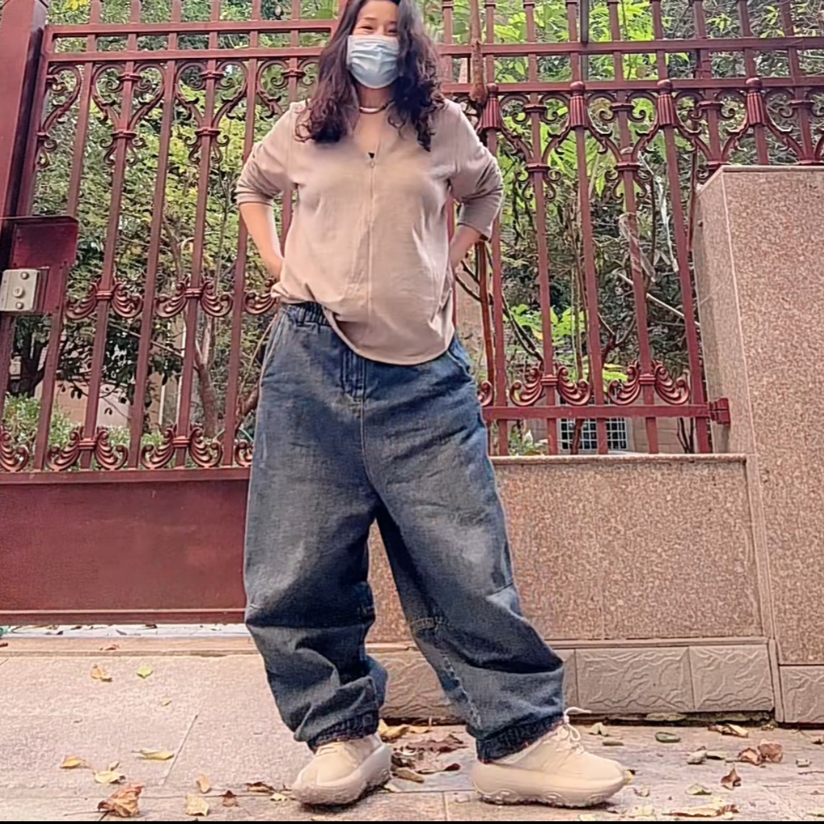 松紧腰牛仔加棉棉裤牛仔裤裤长98