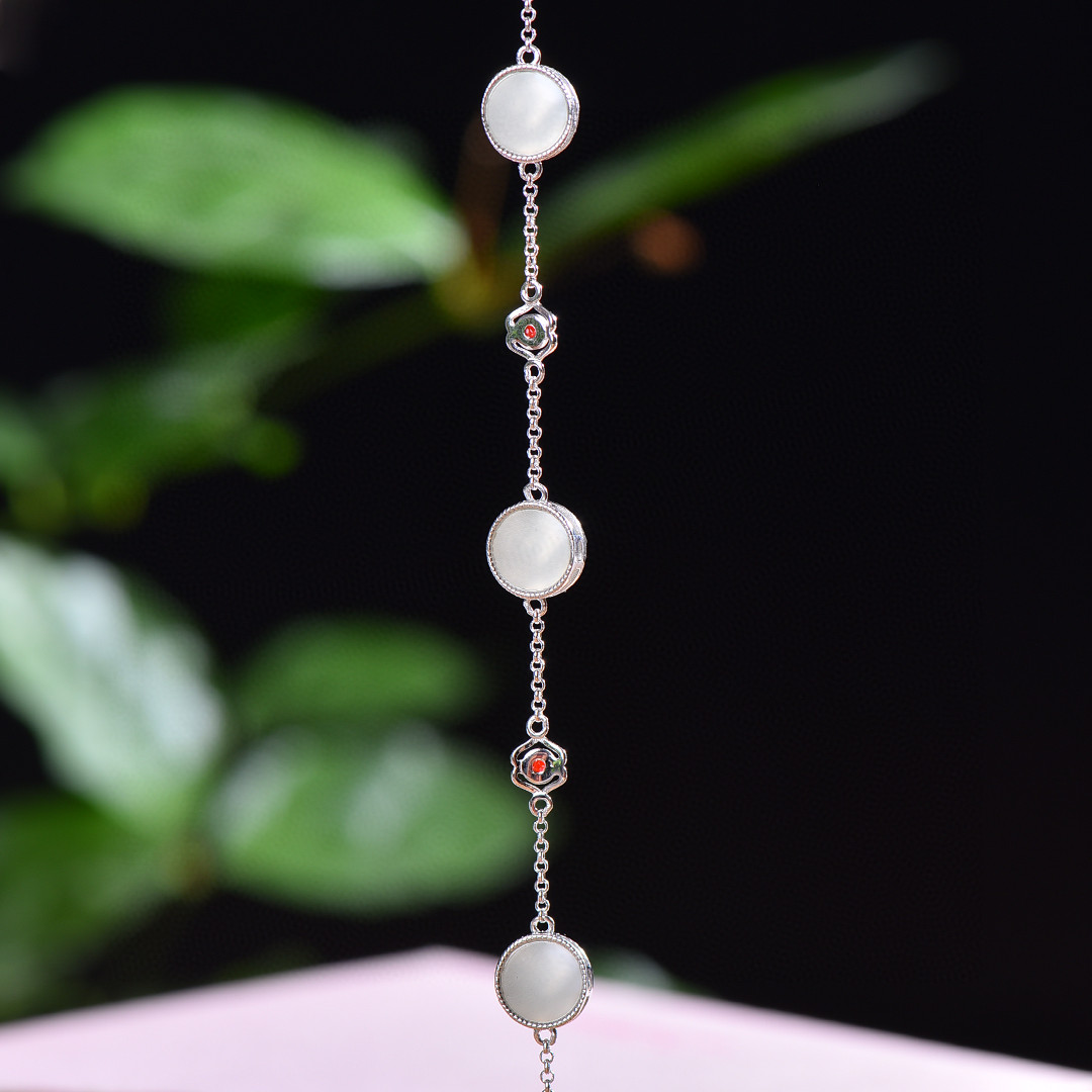 S925银镶嵌和田玉圆平面珐琅一路有你手链规格8×8编号8260-2T#