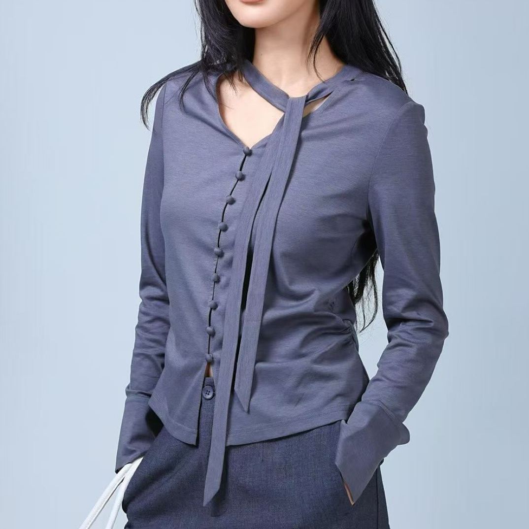 玛丝恩迪早春时尚飘带收身V领优雅百搭衬衫