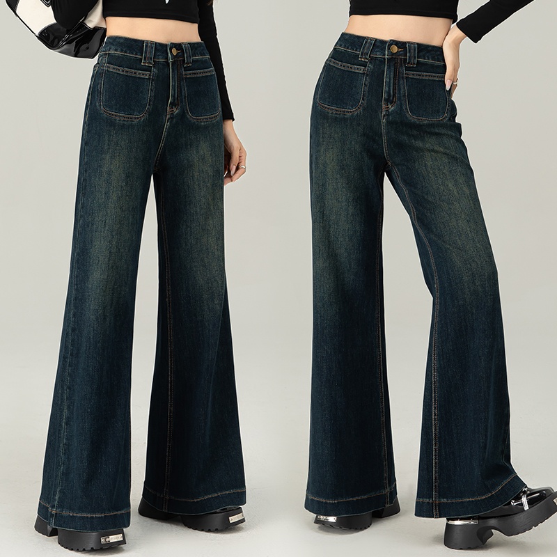 A7180新款时尚纯色百搭牛仔显瘦垂感微辣阔腿直筒牛仔裤